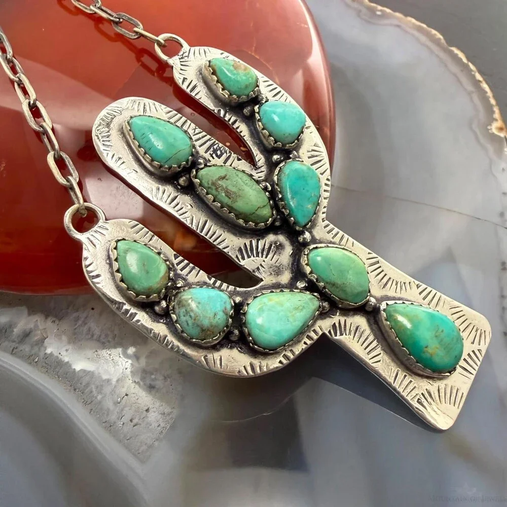 Sterling Southwestern Style Kingman Turquoise Cactus Pendant 22.5
